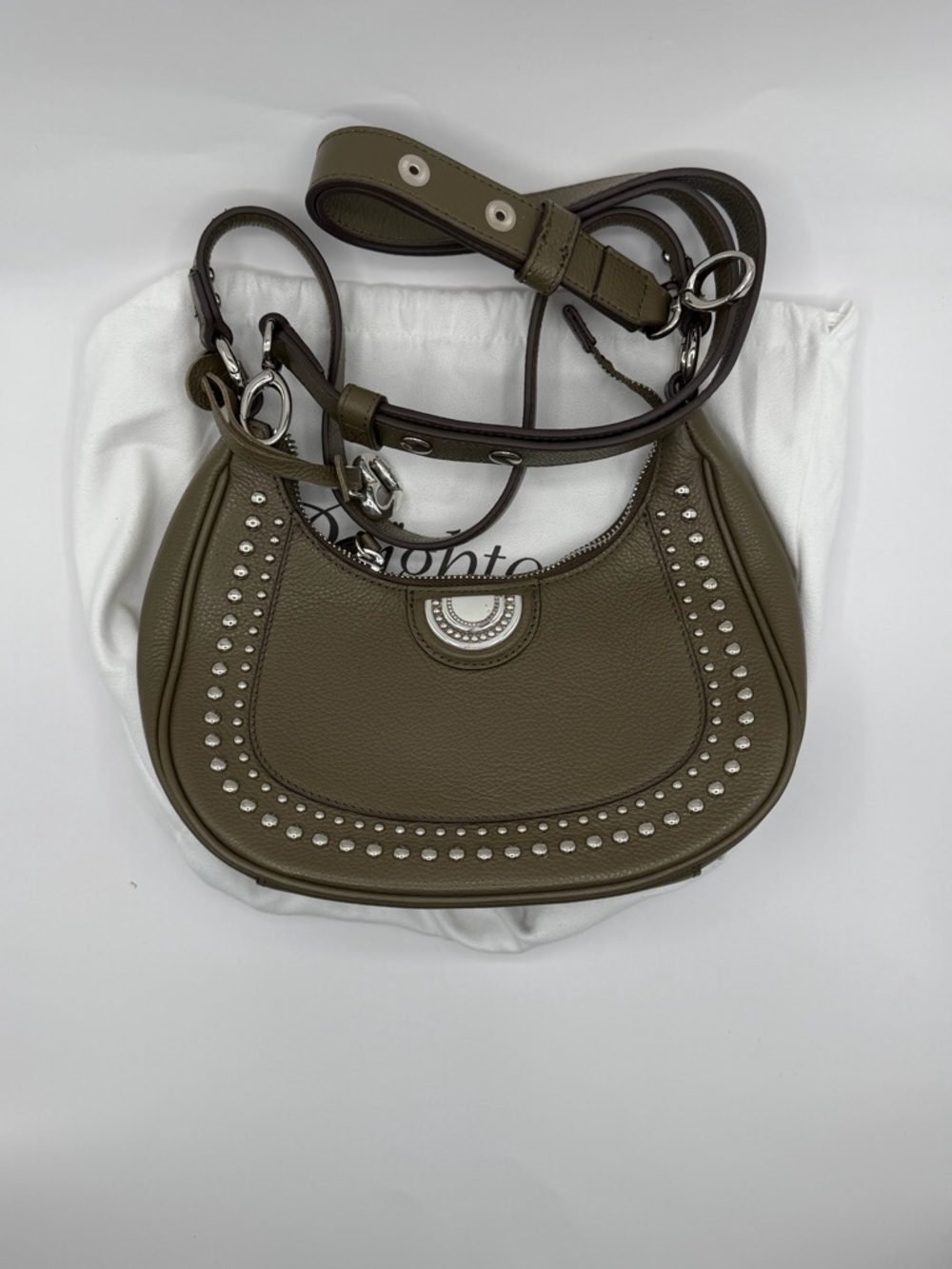 Brighton Olive Green Studded Leather Shoulder Bag with Adjustable Strap